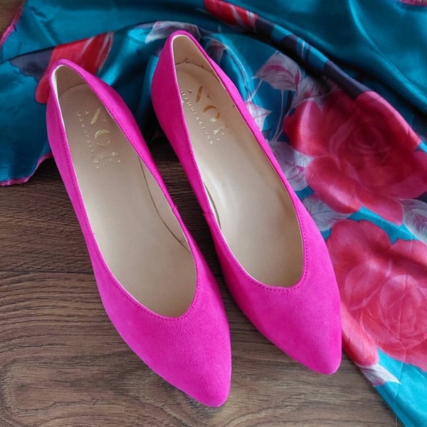 Women's velvet pumps, fuchsia shoes, low heels, block shoes, toe pumps, small sizes, fuchsia leather - Westika