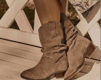 Women&#39;s Leather Cowboy Boots, Western Cowboy Boots, Women&#39;s Knee High Boots, Suede Cowboy Boots, Cowboy Style - Rojas