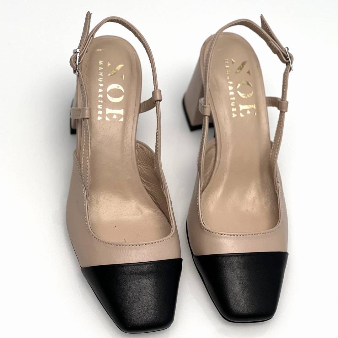 Classic Leather Pumps for Women, Beige Sandals With Black