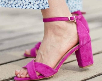 Women's sandals on a pole, suede shoes, wedding, fuchsia colors, large and small size, gift for her -Amares