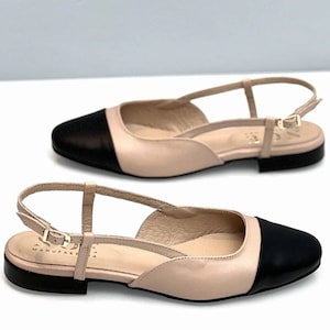 Women&#39;s leather pumps, flat shoes, ballerinas with straps, elegant two-tone pumps, black toe, ankle strap -Scarlet
