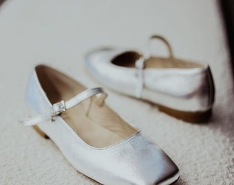 Silver ballet flats, square-toed ballet flats, strappy ballet flats, wedding pumps, women's leather shoes, glamor style, mary jane shoes