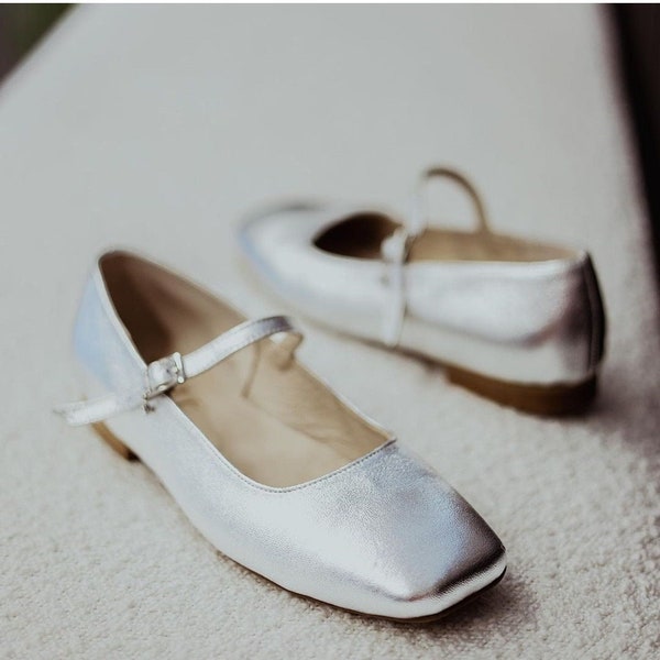 Silver ballet flats, square-toed ballet flats, strappy ballet flats, wedding pumps, women's leather shoes, glamor style, mary jane shoes