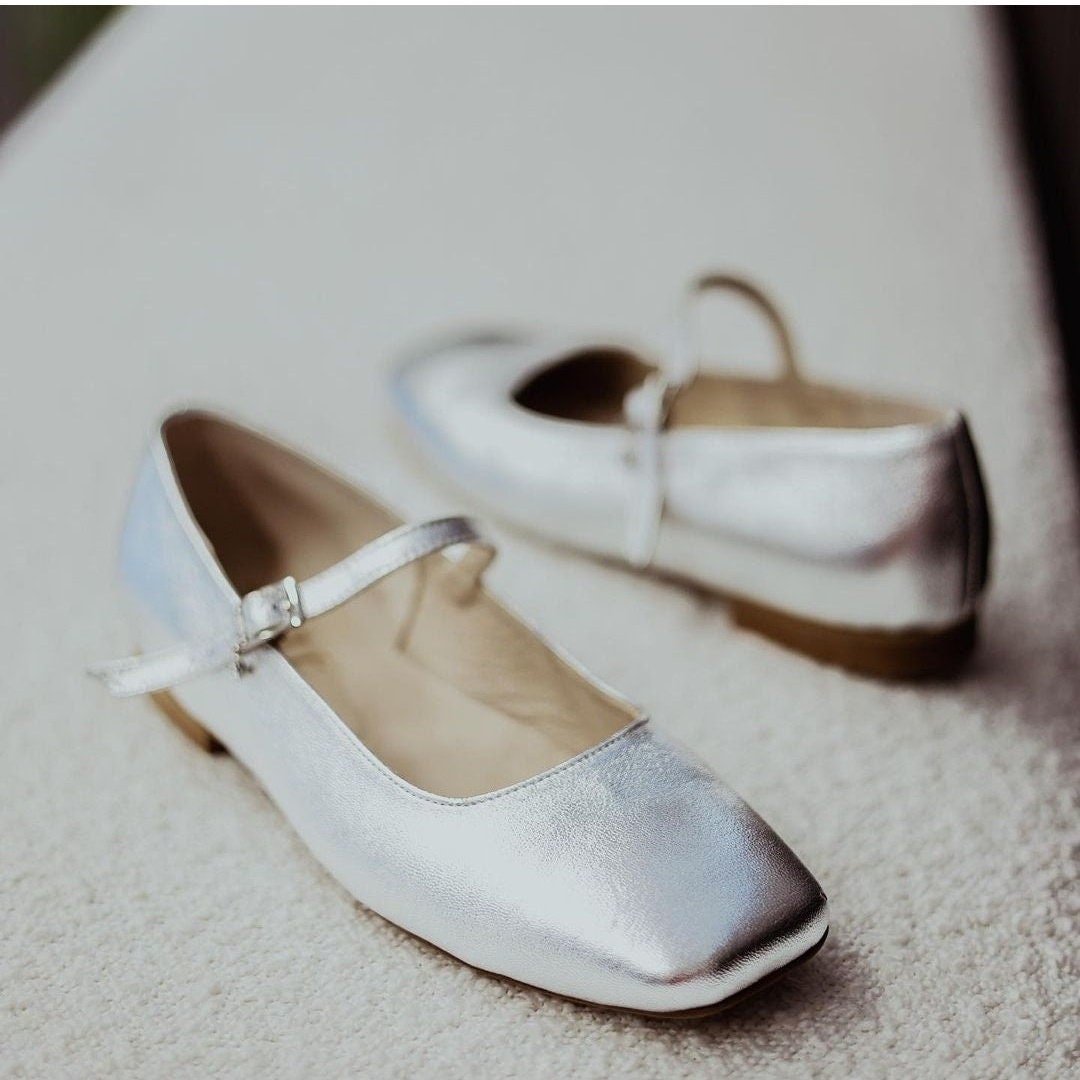 silver dress flats Silver Ballet Flats, Square-toed Ballet Flats, Strappy Ballet Flats,  Wedding Pumps, Women's Leather Shoes, Glamor Style, Mary Jane Shoes
