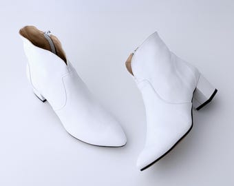 white ankle boots, white leather women&#39;s shoes, wedding ankle boots, bridal shoes, pointed high heel ankle boots - Paris