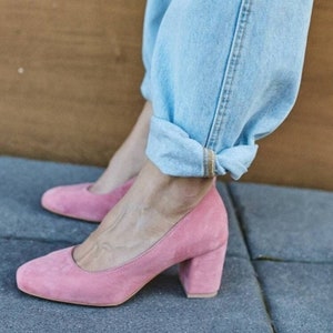 Handmade Velvet Pumps, Low Heels, Slip-on Pumps, Elegant Summer Office Shoes, Pink High Heels - Relata