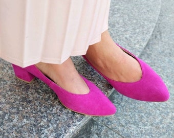 Women's velvet pumps, fuchsia shoes, low heels, block shoes, toe pumps, small sizes, fuchsia leather - Westika