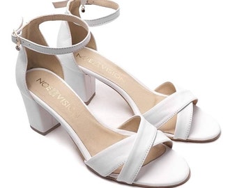 Leather sandals for women, block heel, pumps with a belt, open toe wedding heels, gift for her - Amares