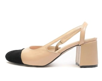 Women's leather pumps, two-tone shoes, small heel post, black tip, classic backless sandals, handmade - RiVoli