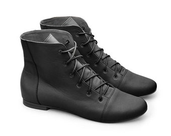 Black lace-up ankle boots, leather ankle boots for women, lace-up high shoes, flat dress shoes, lace-up boots, custom boots, walking shoes