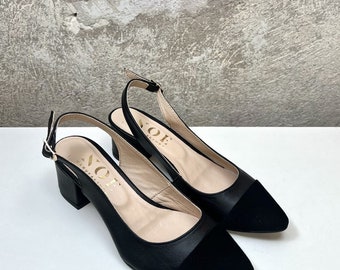 Damen-Pumps aus Leder, niedriger Absatz, schwarze Spitze, zweifarbige Schuhe, klassische rückenfreie Sandalen, Büroschuhe – Hestia