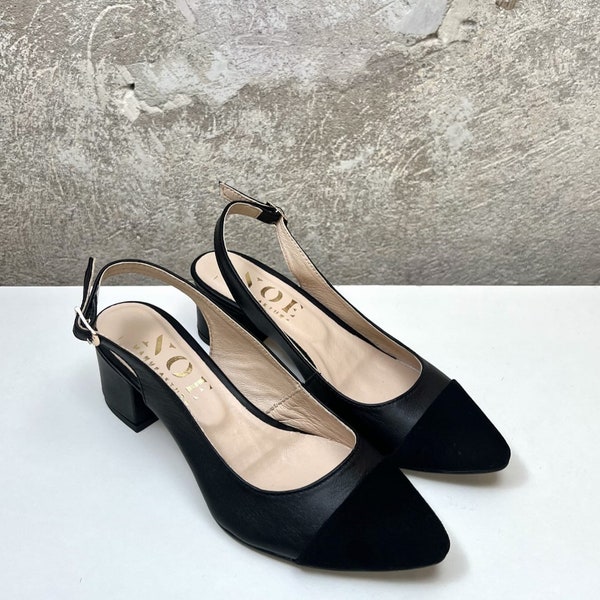 Women's Leather Pumps, Low Heel, Black Toe, Two Tone Shoes, Classic Backless Sandals, Office Shoes - Hestia