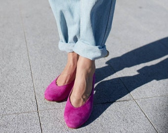 Suede and leather women's pumps, flat shoes, fuchsia ballerinas, open heel pumps, large and small sizes -Ortega