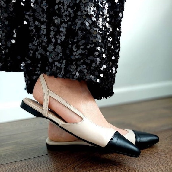 Beige and Black Ballerinas Black Pointed Toe Dress Shoes. 