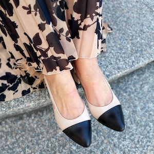 Women's leather pumps, low block heels, elegant office two-tone, black toe sandals, slingback in beige and black, office pumps Rimini image 4