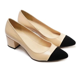 Women's black pointed leather pumps, two-tone low heel shoes, classic beige and black slip-on sandals, handmade-Justi