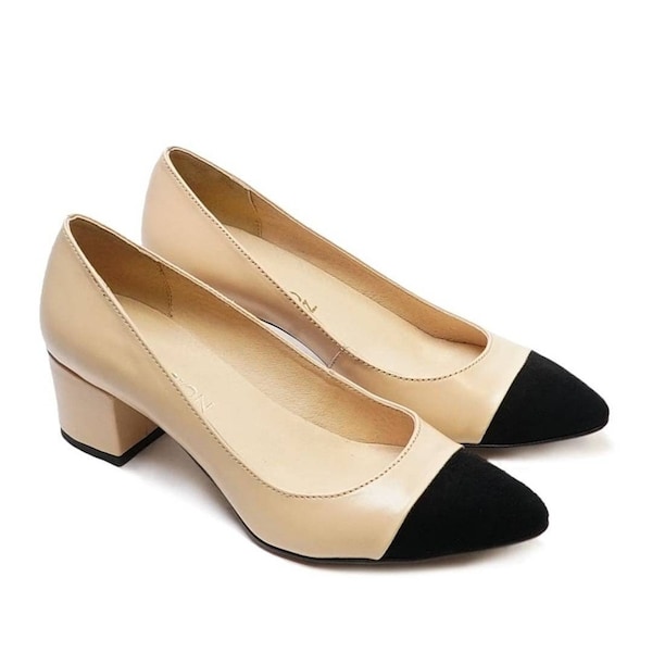 Women's black pointed leather pumps, two-tone low heel shoes, classic beige and black slip-on sandals, handmade-Justi