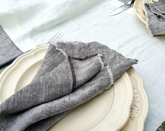 Set of 6 Linen Napkins Gray Cloth Serviette Napkins Linen Napkins Gray linen napkins with fringes