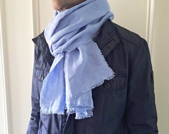 Linen Scarf with Fringe for Men and for Women, Washed Linen Oversized Wrap, Unisex Linen Shawl, Long Linen Scarf with Raw Edges