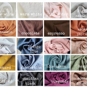 May include: A grid of twenty fabric swatches in various colours and textures, each labelled with text including snow white, warm white, pink water, light natural, cinnamon, chocolate, espresso, smoked paprika, dove, indigo blue, french rose, blush, mustard, glacier blue, blue agave, herb, striped, obsidian black, burgundy, and mocha mousse.