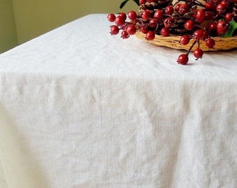 Large Square Linen Tablecloth, White Linen Tablecloth with Mitered Corners, Washed Linen Table Cover, Custom Christmas Tablecloth Rectangle