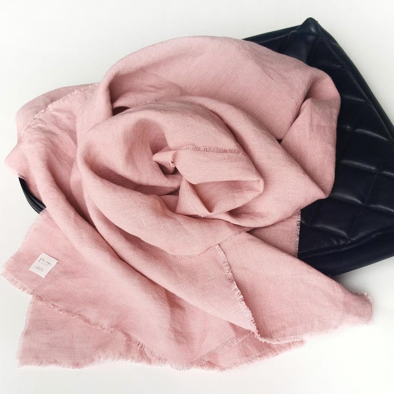 Natural Linen Scarf with Fringe for Women and for Men, Washed Linen Oversized Wrap, Unisex Linen Shawl, Long Linen Scarf with Raw Edges French Rose