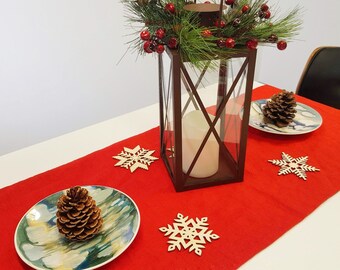European Linen Red Table Runner for Christmas, Farmhouse Kitchen Dining Table Decor, Holiday Table Decoration