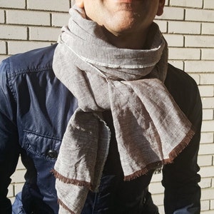 Pure Linen Scarf with Fringe for Men, Women Natural Linen Shawl, Washed Linen Oversized Wrap, Long Unisex Linen Shawl, Grey Linen Scarf