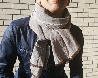 Pure Linen Scarf with Fringe for Men, Women Natural Linen Shawl, Washed Linen Oversized Wrap, Long Unisex Linen Shawl, Grey Linen Scarf