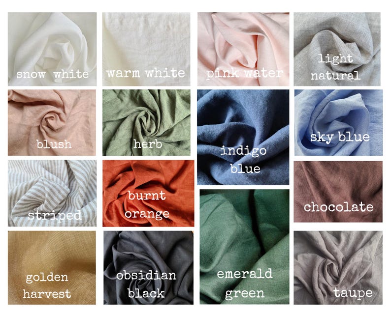 K&ouml;nnte beinhalten: Eine Sammlung von 16 Stoffmustern in verschiedenen Farben und Texturen, darunter Schneewei&szlig;, Warmwei&szlig;, Rosa Wasser, Hell Natur, Blush, Kraut, Himmelblau, Indigo Blau, Gestreift, Gebranntes Orange, Schokolade, Goldene Ernte, Obsidian Schwarz, Smaragdgr&uuml;n und Taupe.