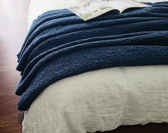 Waffle Linen Blanket in Indigo Blue, Textured Throw Blanket Couch, Sofa Cover