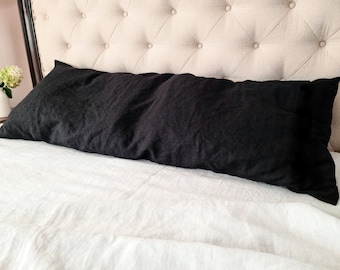 Body Pillow Cover crafted from European Linen, Washed Linen Lumbar Pillow Cover, Custom Body Pillowcase in Obsidian Black