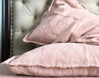 Linen Pillowcase with Fringe in French Rose -Cozy Mother's Day Gift for Godmother