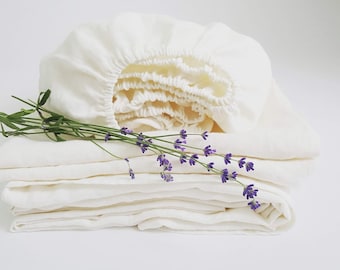 Natural Linen Bed Sheet Set in Warm White, Custom Eco-friendly Washed Linen Bedding, Farmhouse Flax Linen Sheet Set