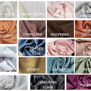 May include: A grid of fabric swatches in various colors and textures, labeled with text including snow white, warm white, pink water, light natural, cinnamon, chocolate, espresso, smoked paprika, dove, indigo blue, french rose, blush, ginger, blue agave, herb, striped, obsidian black, and burgundy.