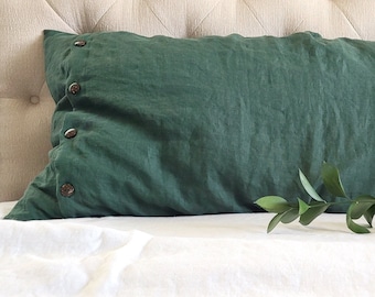 Linen Body Pillow Cover with buttons handcrafted in USA, Custom Pillow Cover, Green Lumbar Pillow Cover