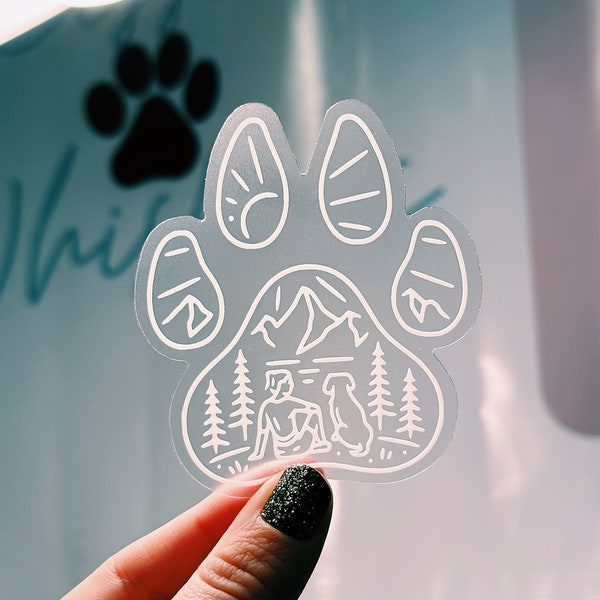 Clear and White Dog Adventure Sticker | Hiking Dog Sticker | Black and White Nature | Dog Paw Print Nature Sticker | Clear Stickers