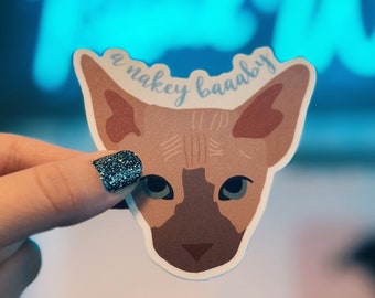 Puede incluir: Una pegatina de un gato sin pelo con el texto "a nakey baaby".