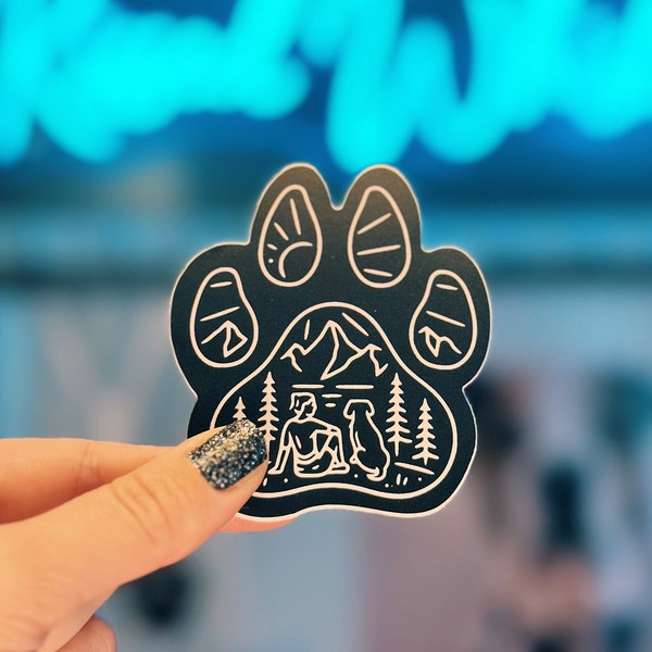 Dog Adventure Black Sticker | Hiking Dog Sticker | Nature Sticker Black and White | Dog Paw Print Nature Sticker | Outdoors Sticker