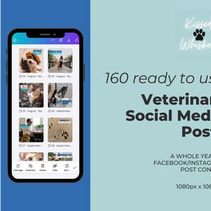 Puede incluir: Un teléfono inteligente muestra publicaciones de redes sociales veterinarias. La pantalla muestra imágenes relacionadas con mascotas con texto, incluyendo "Día Nacional del Perro" y "Beneficios del seguro para mascotas". El texto dice "160 publicaciones de redes sociales veterinarias listas para usar."
