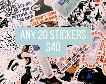 May include: A collection of colorful stickers with various designs, including a wolf, a dog, a paw print, a pregnancy test, and a record player. The text "ANY 20 STICKERS $40" is written in a blue box.