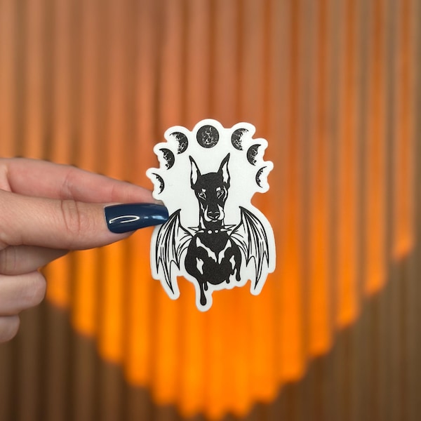Doberman Devil Dog Vinyl Sticker - Gothic Doberman with Wings & Moon Phases | Doberman Sticker | Gothic Dog Art | Witchy Dog Sticker
