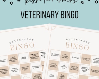 May include: Two Veterinary Bingo cards with various veterinary-related phrases in a grid format. The cards have a light beige background with black text and a teal background with the text "kissedwhiskers" at the top.