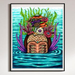 Art Print of &quot;Merfae&quot;- Wall art of colorful, psychedelic, trippy multieyed mermaid girl coming out of water with coral and sea life in hair