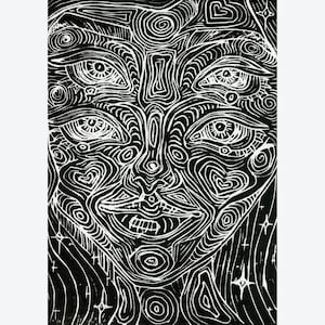 2 Pack 5x7&quot; Greeting Cards/Art Prints- &quot;4 Eyed Lady&quot; Greeting Card & Framable Art Print Linocut Lino Print Hand-Printed