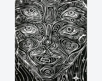 2 Pack 5x7" Greeting Cards/Art Prints- "4 Eyed Lady" Greeting Card & Framable Art Print Linocut Lino Print Hand-Printed
