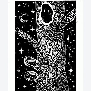 2 Pack 5x7&quot; Greeting Cards/Art Prints- &quot;You+Me Love Tree&quot; Greeting Cards & Framable Art Prints Linocut Lino Print Hand-Printed