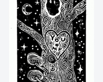 2 Pack 5x7" Greeting Cards/Art Prints- "You+Me Love Tree" Greeting Cards & Framable Art Prints Linocut Lino Print Hand-Printed