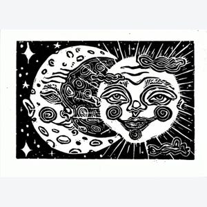 Set van 2 wenskaarten van 5 x 7&quot;/kunstafdrukken-&quot;Sun & Moon&quot;-wenskaarten en kunstafdrukken met frame linosnede linoprint, handgedrukt