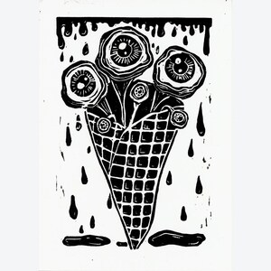 Set van 2 wenskaarten van 5 x 7 inch/kunstafdrukken- &#39;EyeScream&#39;-wenskaarten en kunstafdrukken met frame Linosnede linoprint, handgedrukt